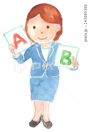 AとBのカードを持つ英語の先生の水彩イラスト 143895388