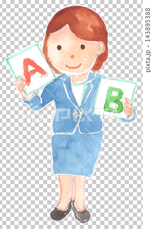 AとBのカードを持つ英語の先生の水彩イラスト 143895388