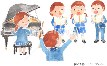 ピアノ伴奏とともに合唱の練習をする学生と指揮者のイラスト ピアノ伴奏とともに合唱の練習をする学生と指揮者のイラスト 143895389