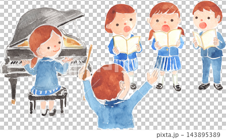 ピアノ伴奏とともに合唱の練習をする学生と指揮者のイラスト ピアノ伴奏とともに合唱の練習をする学生と指揮者のイラスト 143895389