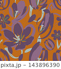 Repeating botanical pattern with oversized purple flowers, soft sage leaves and warm orange ground, creating bold decorative surface art for textiles, stationery, packaging and home decor. 143896390