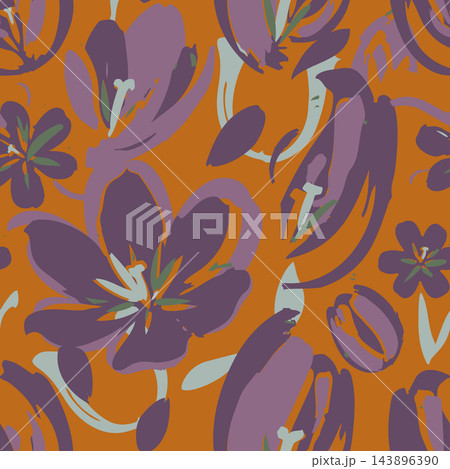 Repeating botanical pattern with oversized purple flowers, soft sage leaves and warm orange ground, creating bold decorative surface art for textiles, stationery, packaging and home decor. Repeating botanical pattern with oversized purple flowers, soft sage leaves and warm orange ground, creating bold decorative surface art for textiles, stationery, packaging and home decor. 143896390