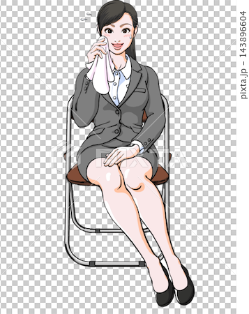 面試/求職——一位身著職業套裝的年輕女子坐在椅子上——面對面試官顯得緊張——雙腿放鬆——用手帕擦拭汗水 面試/求職——一位身著職業套裝的年輕女子坐在椅子上——面對面試官顯得緊張——雙腿放鬆——用手帕擦拭汗水 143896604