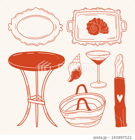 French style picnic set with baguette, cocktail, bag, decorative shell and serving tray line art illustrations for party or wedding decor, dinner menu, invitations or restaurant branding French style picnic set with baguette, cocktail, bag, decorative shell and serving tray line art illustrations for party or wedding decor, dinner menu, invitations or restaurant branding 143897522