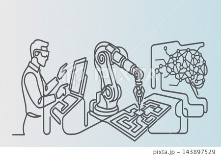 Technologist with VR headset controls robotic arm building circuit board with AI brain graphic 143897529