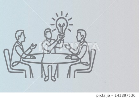 Team brainstorming around a table with a glowing lightbulb representing ideas during a meeting Team brainstorming around a table with a glowing lightbulb representing ideas during a meeting 143897530