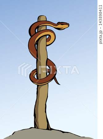 The serpent on the pole. Vector drawing 143898411