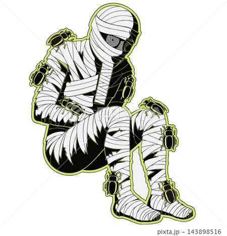 A stylized illustration of a seated, bandaged mummy covered in scarab beetles 143898516