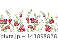 Red wild berries on thin sprigs with small leaves watercolor seamless border isolated. Cranberry plants repeat background for design. Botanical horizontal pattern with ripe fruits for packaging. 143898828