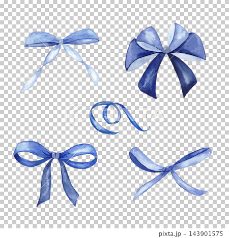 Watercolor chinoiserie Christmas set of blue satin bows and curled ribbon isolated Watercolor chinoiserie Christmas set of blue satin bows and curled ribbon isolated 143901575