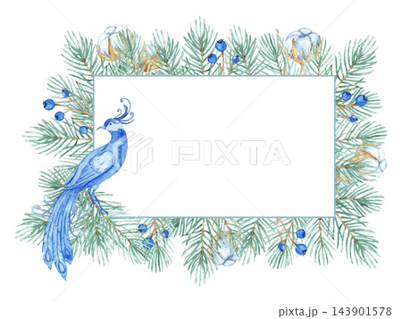 Watercolor chinoiserie Christmas horizontal frame with blue bird of paradise, pine branches, cotton and berries isolated Watercolor chinoiserie Christmas horizontal frame with blue bird of paradise, pine branches, cotton and berries isolated 143901578