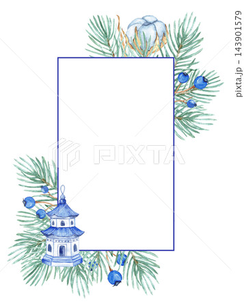 Watercolor chinoiserie Christmas greeting card template with porcelain pagoda, pine branches, cotton and blue berries isolated 143901579