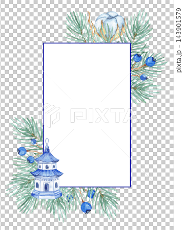 Watercolor chinoiserie Christmas greeting card template with porcelain pagoda, pine branches, cotton and blue berries isolated 143901579