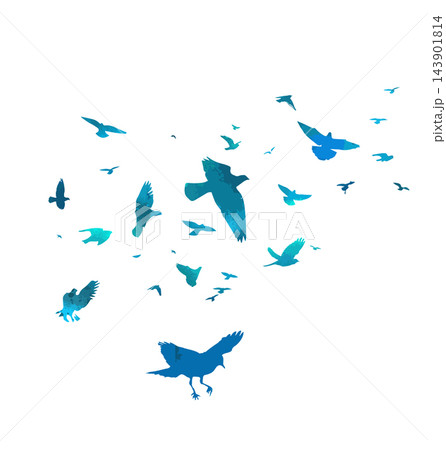 Flying blue birds silhouette flock. hand drawing. Not AI. Vector illustration 143901814