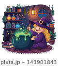A cute young witch brews a glowing green potion with her black cat companion vector design 143901843
