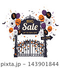 A flat vector illustration of a Halloween sale banner with decorative balloons and gates vector 143901844