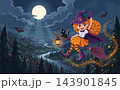 A flat vector illustration of a witch flying over a moonlit valley vector 143901845