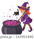 A flat vector illustration of a witch stirring a bubbling pink potion vector 143901846