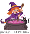 A flat vector illustration of a witch stirring a bubbling pink potion vector 143901847