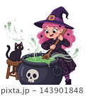 Flat vector illustration of a pink-haired witch stirring a cauldron beside her cat vector design 143901848