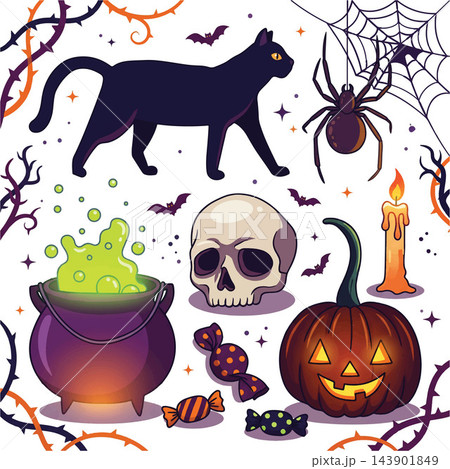 A vibrant, busy flat vector Halloween illustration featuring spooky elements on a white background vector design A vibrant, busy flat vector Halloween illustration featuring spooky elements on a white background vector design 143901849
