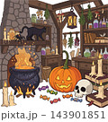 A flat vector illustration of Halloween elements inside a cozy witch's workshop vector design 143901851