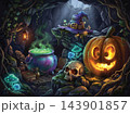 A magical underground grotto glowing with spooky Halloween items and enchanted artifacts vector 143901857