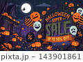 A spooky Halloween sale banner lit by jack-o'-lanterns outside a haunted house vector design 143901861