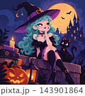 A whimsical Halloween witch with teal hair and her black cat under a glowing moon beside a haunted castle vector 143901864