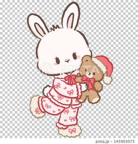 Adorable Chibi White Bunny Wearing Pink Bow Christmas Pajamas Walking While Hugging a Teddy Bear in Santa Hat Cute Cozy Holiday Bedtime Illustration Adorable Chibi White Bunny Wearing Pink Bow Christmas Pajamas Walking While Hugging a Teddy Bear in Santa Hat Cute Cozy Holiday Bedtime Illustration 143903073