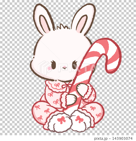 Cute Chibi White Bunny Wearing Pink Christmas Bow Pajamas Sitting and Holding a Giant Red and White Candy Cane Adorable Kawaii Holiday Sleepover Illustration Cute Chibi White Bunny Wearing Pink Christmas Bow Pajamas Sitting and Holding a Giant Red and White Candy Cane Adorable Kawaii Holiday Sleepover Illustration 143903074
