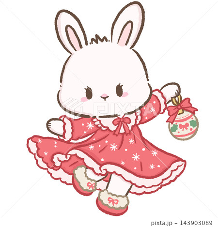 Adorable Chibi White Bunny Wearing a Red Christmas Nightgown with White Lace Trim Twirling While Holding a Festive Christmas Ornament Cute Holiday Illustration 143903089