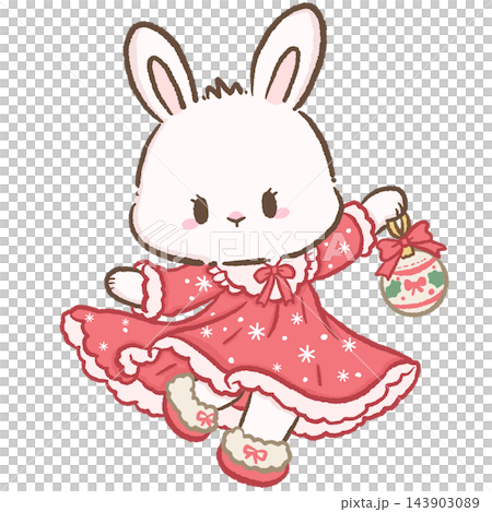 Adorable Chibi White Bunny Wearing a Red Christmas Nightgown with White Lace Trim Twirling While Holding a Festive Christmas Ornament Cute Holiday Illustration Adorable Chibi White Bunny Wearing a Red Christmas Nightgown with White Lace Trim Twirling While Holding a Festive Christmas Ornament Cute Holiday Illustration 143903089
