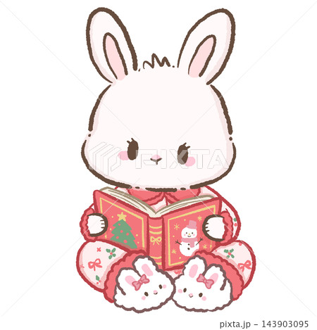 Cute Chibi White Bunny Wearing Pink Christmas Pajamas and Fluffy Bunny Slippers Sitting and Reading a Festive Christmas Storybook Adorable Holiday Bedtime Illustration 143903095