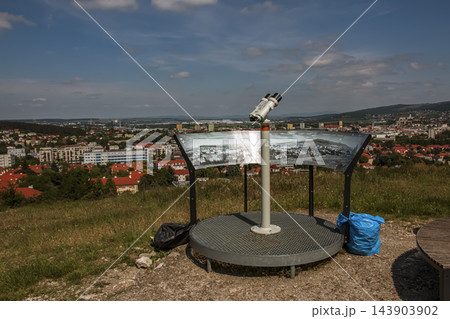 Nitra, Slovakia - May 29, 2024: Hilltop telescope and panorama display in Nitra 143903902