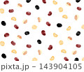 水彩風の可愛い豆の総柄背景イラスト　大豆、小豆、黒豆、トラ豆、ひよこ豆など 143904105