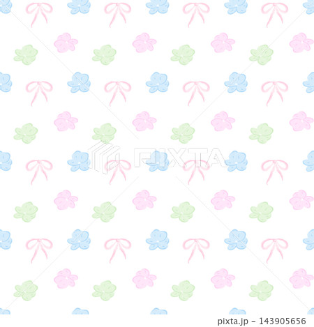 Seamless watercolor pattern of pink ribbon bow and multicolor pastel hydrangea small flowers Clipart. Isolated vector pattern on white background Fabric, gift wrap, wedding invitations or stationery 143905656