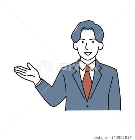手を差し伸べて笑顔でこちらを案内する男性ビジネスパーソンのイラスト 143905814
