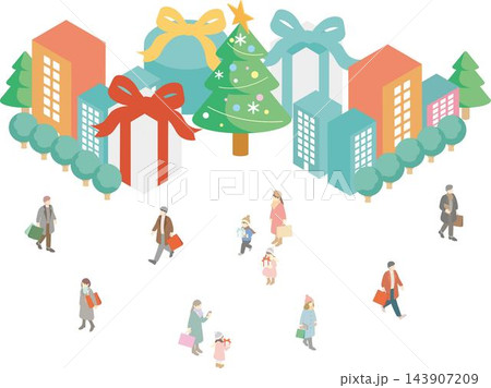アイソメトリック クリスマス 街並み 人々 ツリー ファミリー キッズ 人物 イラスト素材セット アイソメトリック クリスマス 街並み 人々 ツリー ファミリー キッズ 人物 イラスト素材セット 143907209