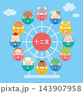 観覧車に乗った干支の動物たちのイラスト　十二支 143907958