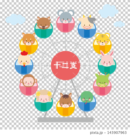 Illustrations of the twelve zodiac animals riding a Ferris wheel. Illustrations of the twelve zodiac animals riding a Ferris wheel. 143907963
