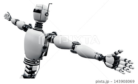 白い背景で両手を広げる人型ロボット  143908069