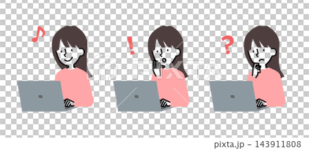一組簡單的平面插畫，描繪了一位女性使用筆記型電腦的場景。 143911808