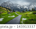 Narrow road and traditional wooden huts in the Swiss Alps 143913337
