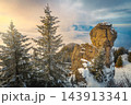 Stunning winter mountain landscape with fantastic rock formation at sunset 143913341