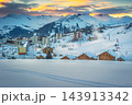 Sunrise over famous snowy ski resort in the French Alps 143913342