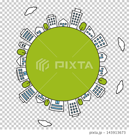 A simple cityscape and building illustration background surrounding a green globe. 143913673