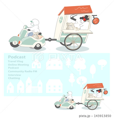 バイクで移動する屋台みたいなラジオスタジオとサイドカーのクマ、女性DJのフラットイラスト バイクで移動する屋台みたいなラジオスタジオとサイドカーのクマ、女性DJのフラットイラスト 143913850