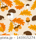 Autumn Woodland Seamless Pattern with Oak Leaves, Acorns, Mushrooms and Hedgehogs, Cute Fall Forest Animals and Colorful Autumn Foliage on Beige Background 143915274