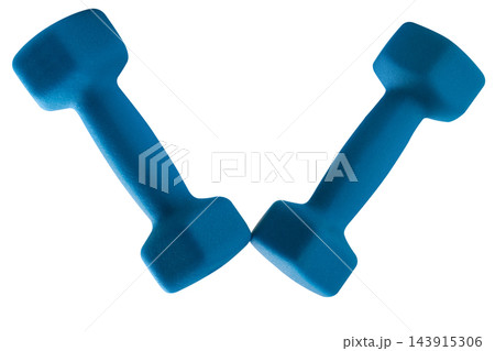 Two blue neoprene dumbbells isolated on white background stock photo Two blue neoprene dumbbells isolated on white background stock photo 143915306